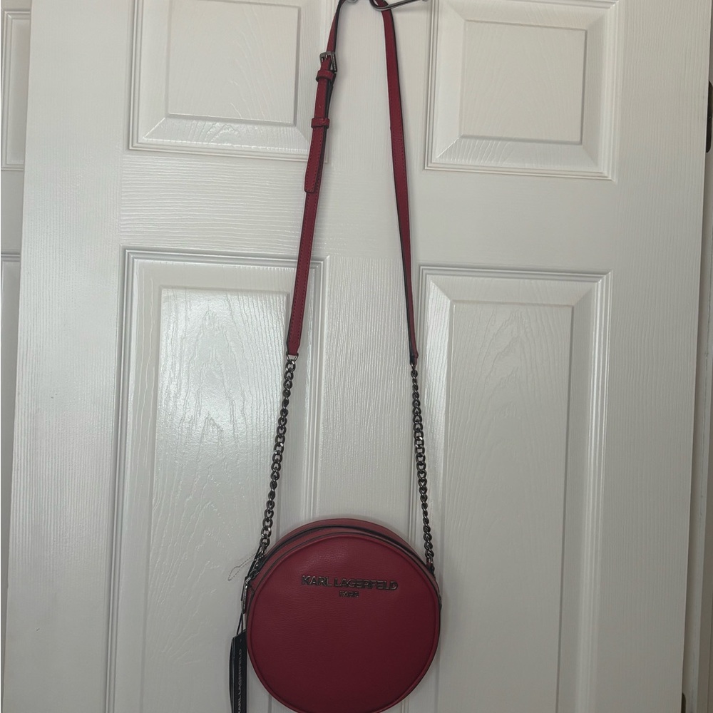 Karl Lagerfeld Crimson Round Leather Crossbody with Chain Strap